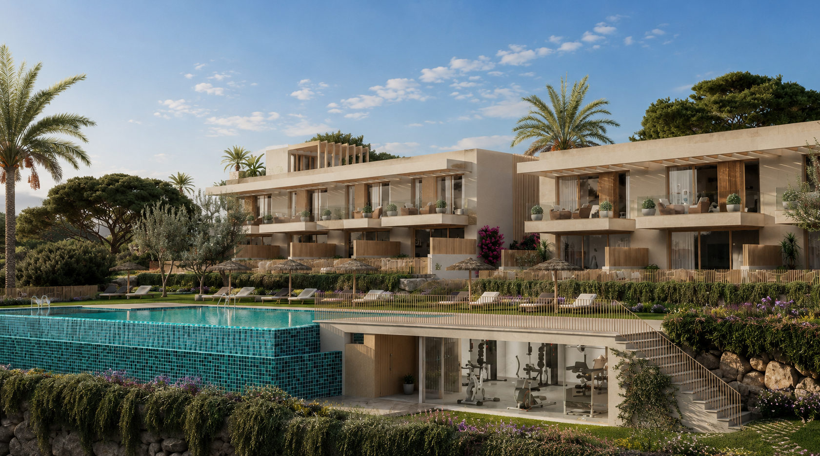 Render: Viviendas adosadas, Zonas comunes y piscina