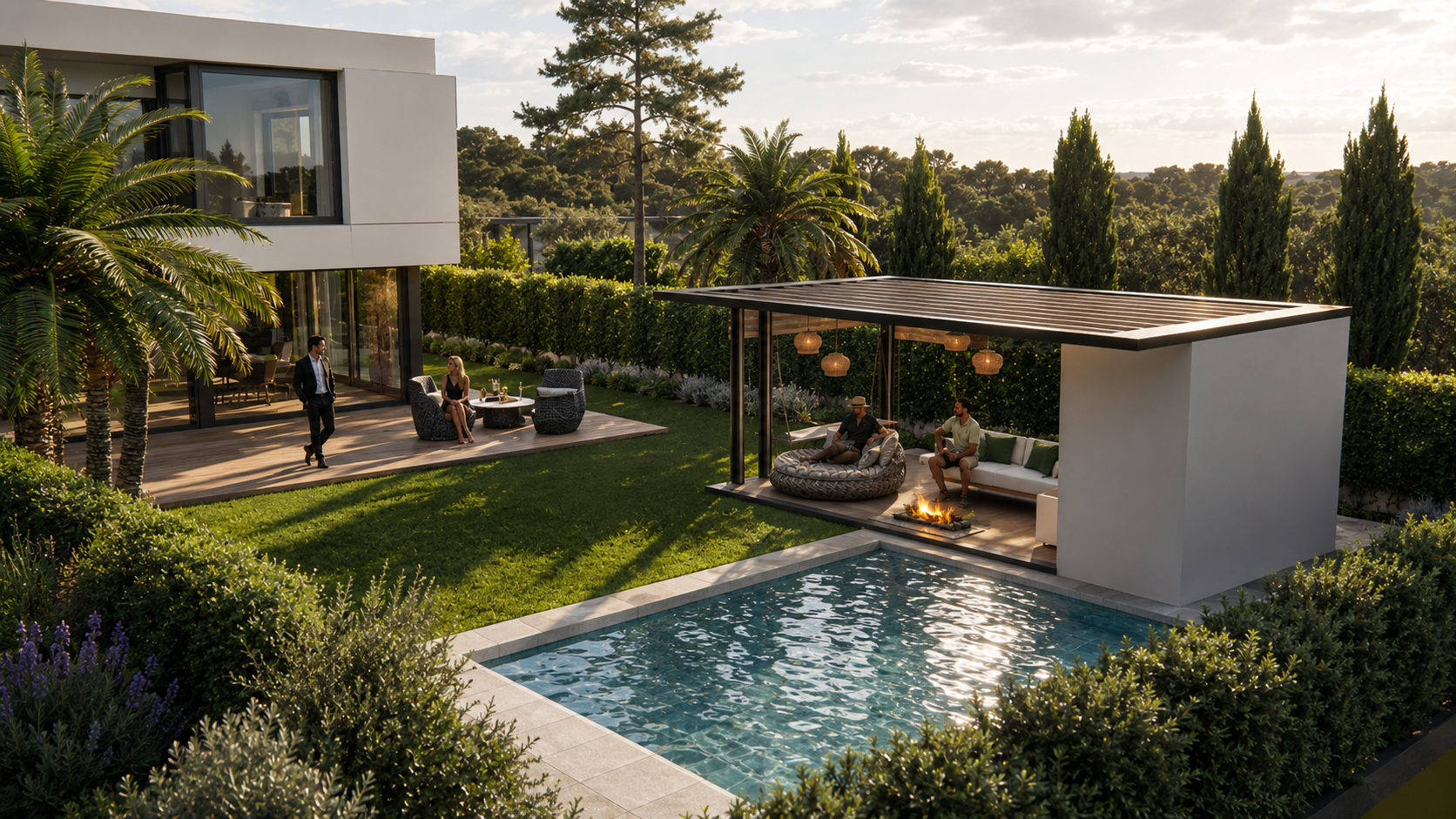Render: Jardín y pérgola, Vivienda unifamiliar