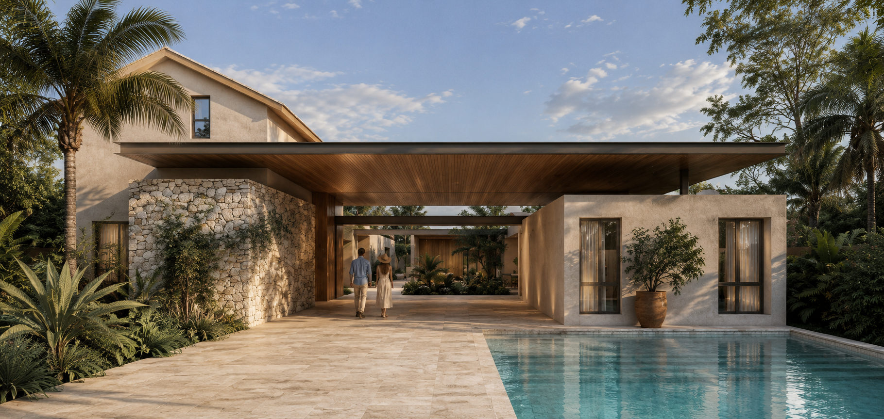 Render: Porche y piscina, Vivienda unifamiliar